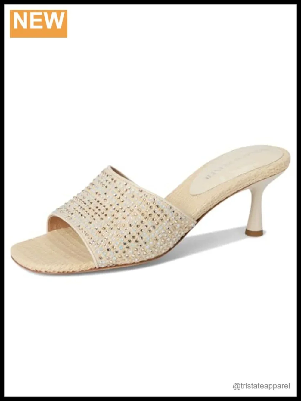 Beaded Woven Raffia Slide Sandals with Kitten Heel